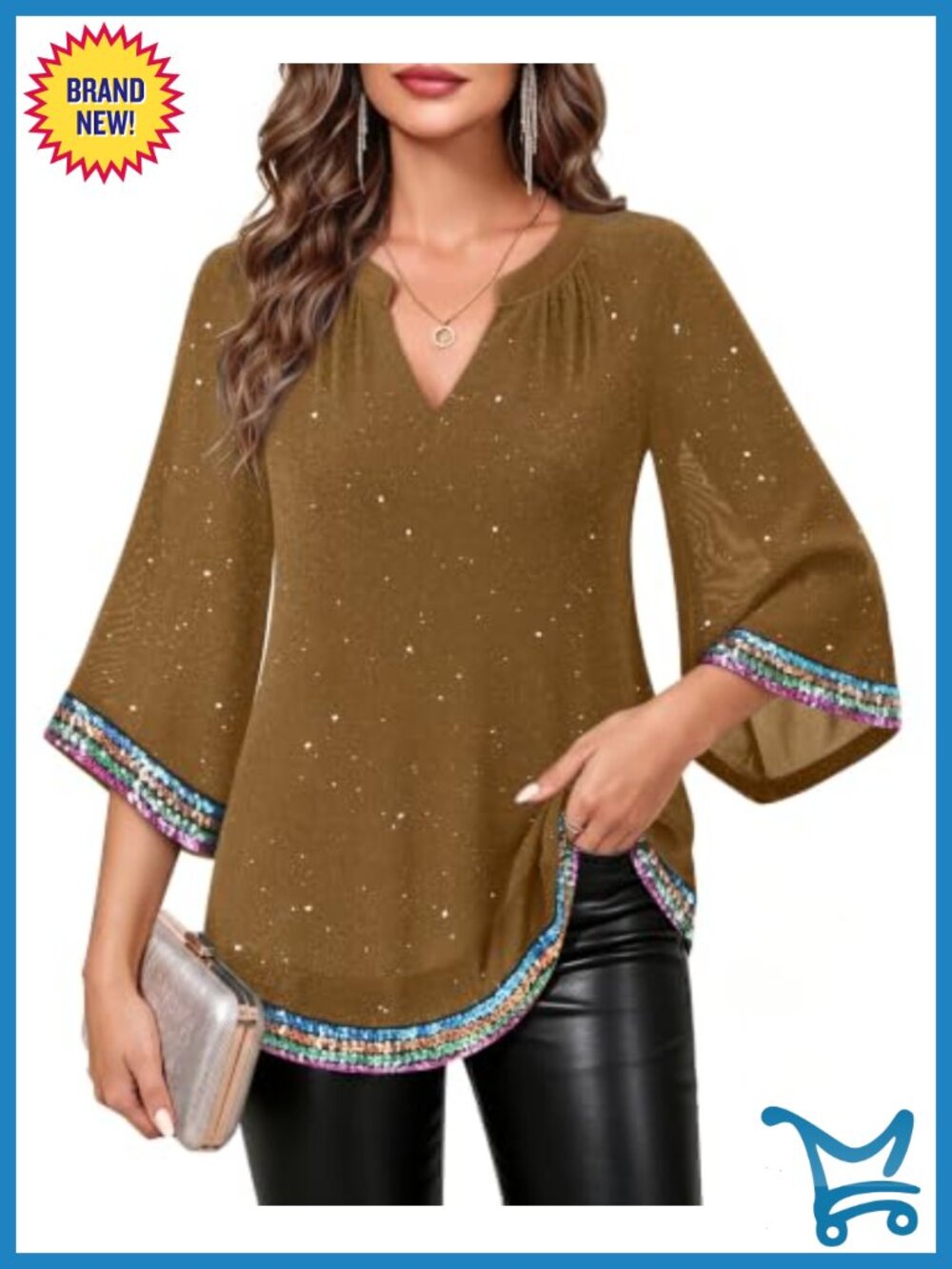 Timeson 3/4 Sleeve Sequin Tunic Top V Neck Sparkly Blouse